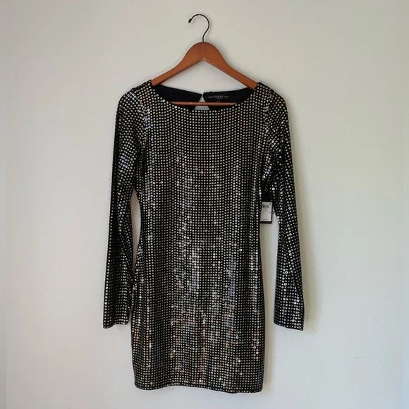 NWT GUESS Black Sequin Long Sleeve Mini Dress Size Medium - Picture 2 of 7